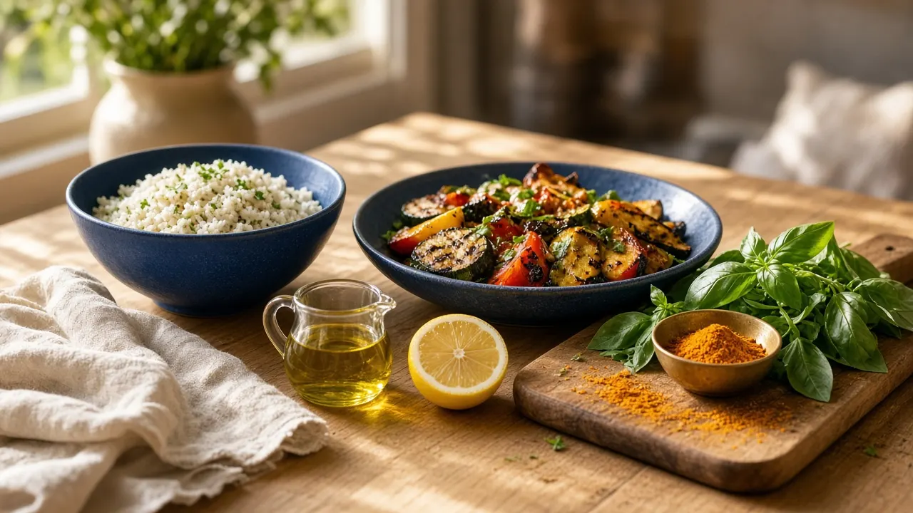 A sunlit Australian table with shared bowls, herbs, lemon and warm linens