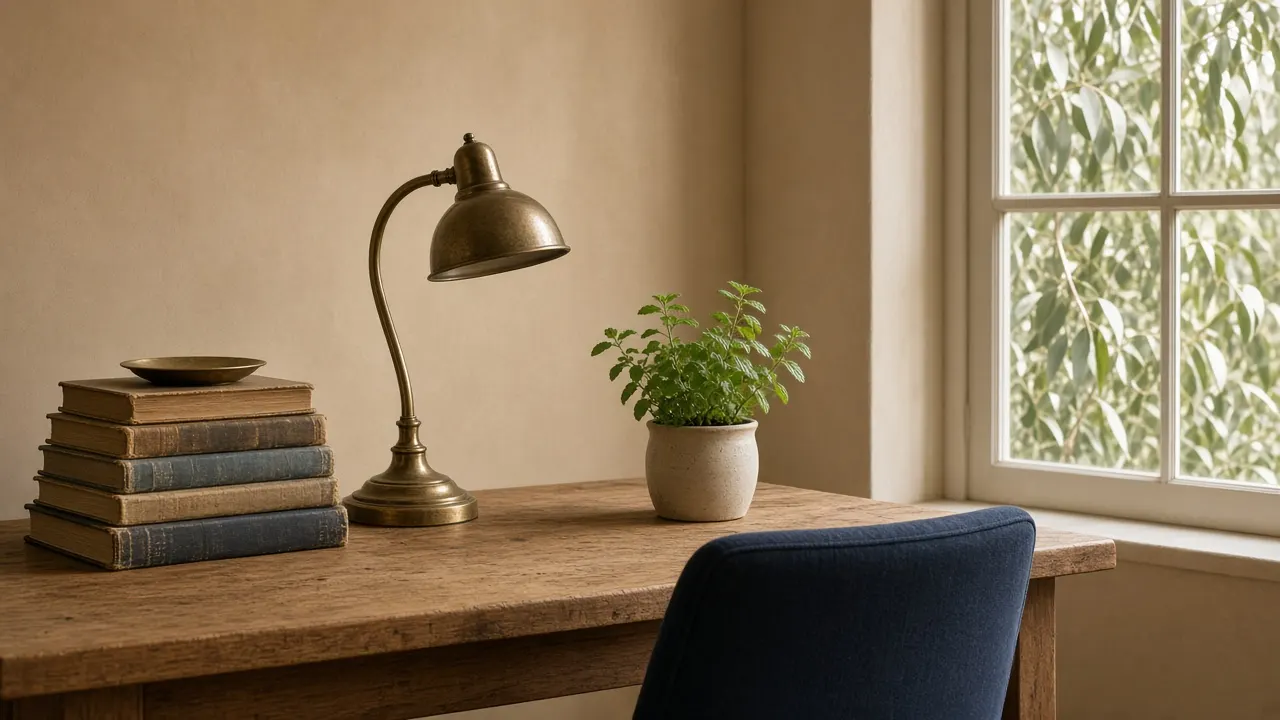 A quiet study table with reference books, a brass lamp and a window onto eucalyptus