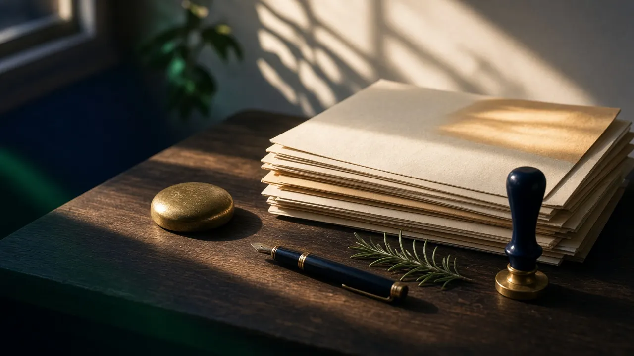 Folders, a fountain pen and a blank wax seal on a wooden desk in warm light