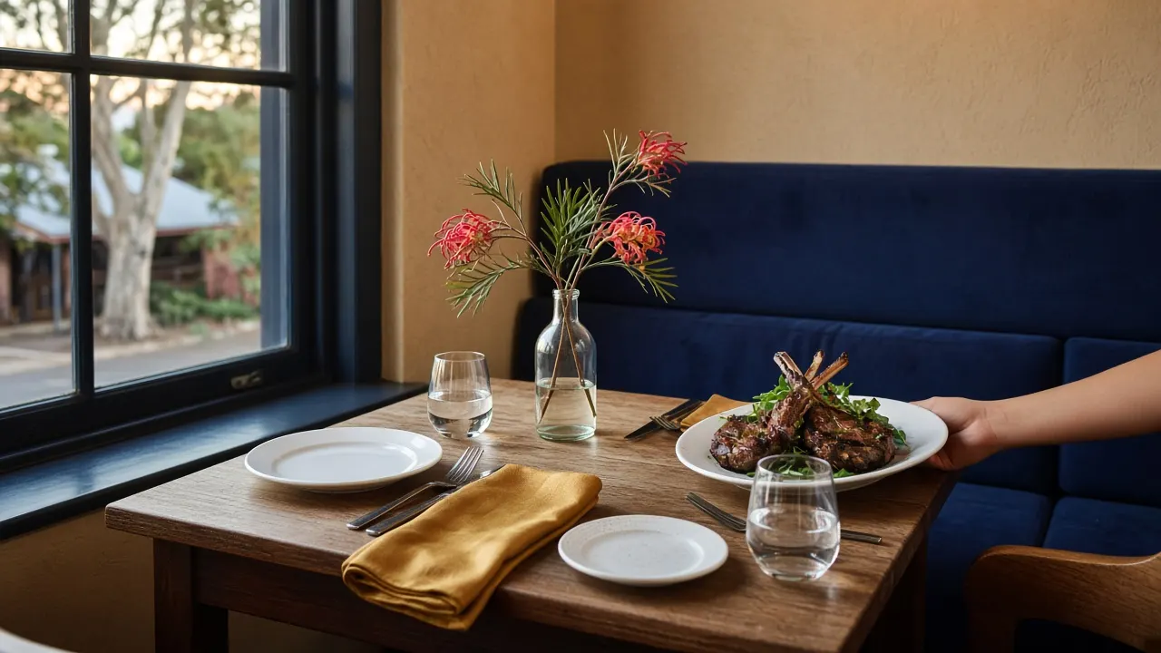 An Australian bistro table by a window with plates, water glasses and native flowers