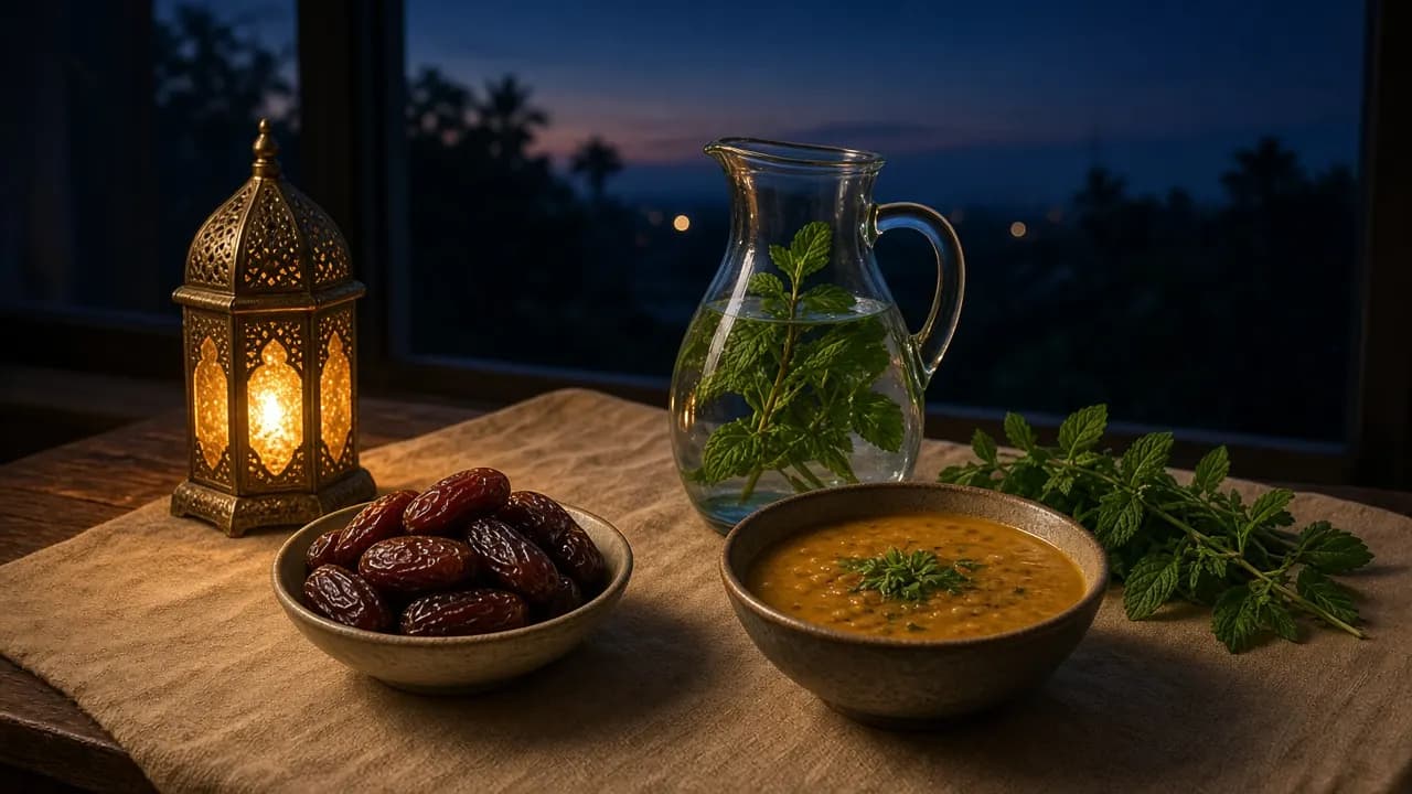Dates, mint water, lentil soup and a small lantern on a table at dusk