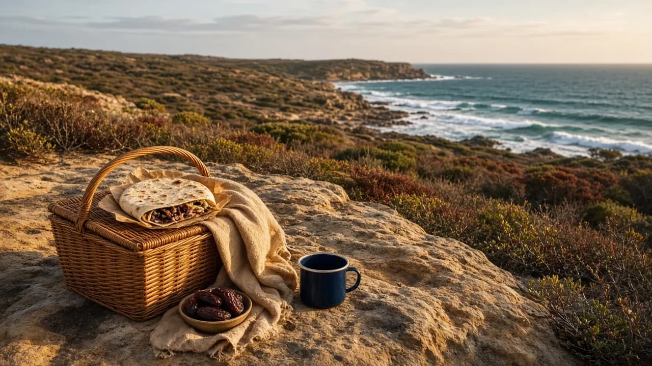 A picnic hamper on sandstone overlooking coastal heath and a distant ocean
